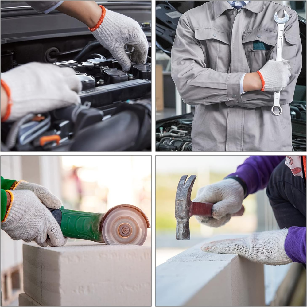 12 Pairs Cotton Knit Work Gloves with Red Cuff – Breathable Safety Gloves