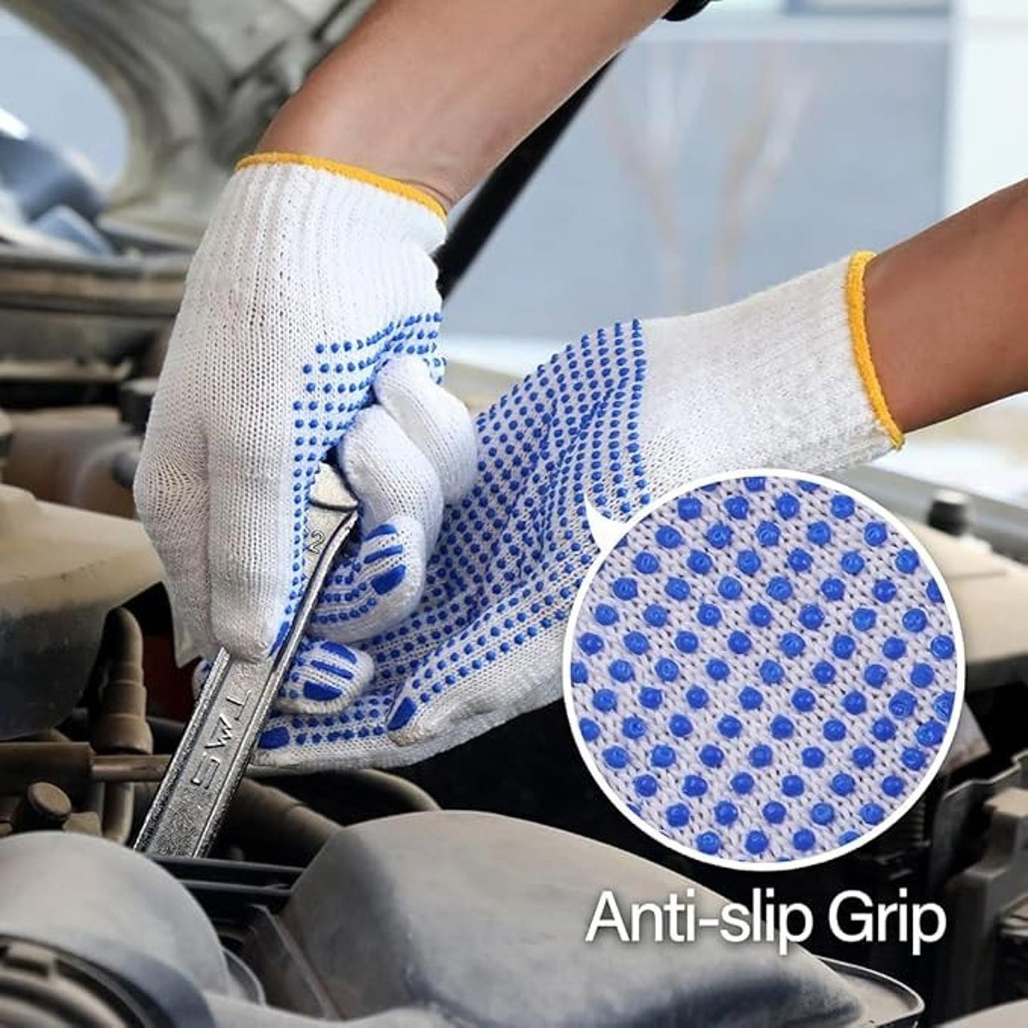 48 Pairs Cotton Work Gloves with Blue PVC Dots – Reusable, Anti-Slip Grip