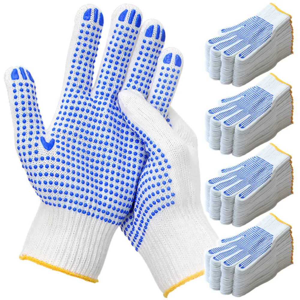 PAKNADA 12 Pairs Cotton Work Gloves with Blue PVC Dots – Anti-Slip