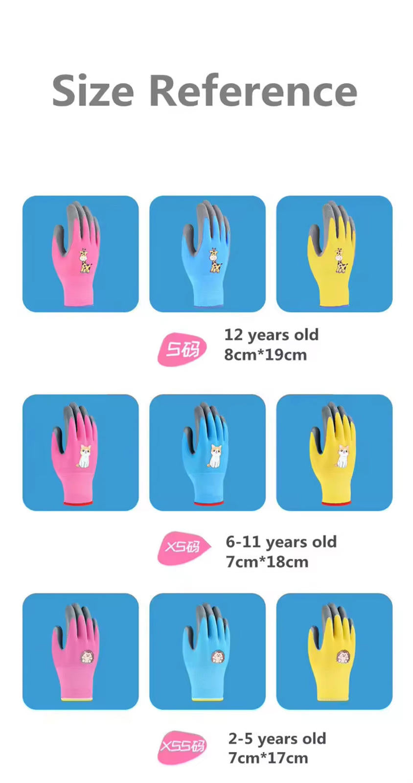 Kids Gardening Gloves Cartoon Print | 6 Pairs Mix Colors | S M L Sizes