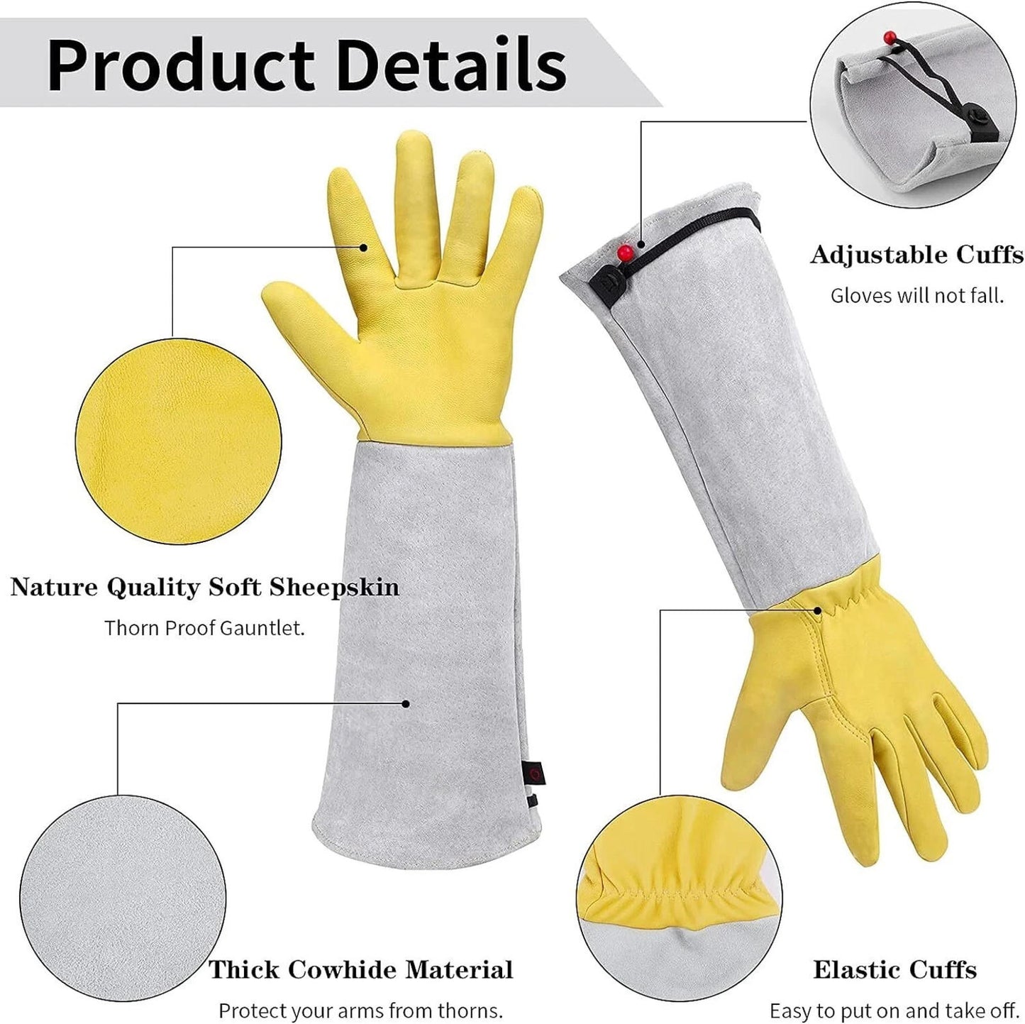 2 Pairs Long Gardening Gloves Leather Gauntlet Thorn Proof Yard Work Protective