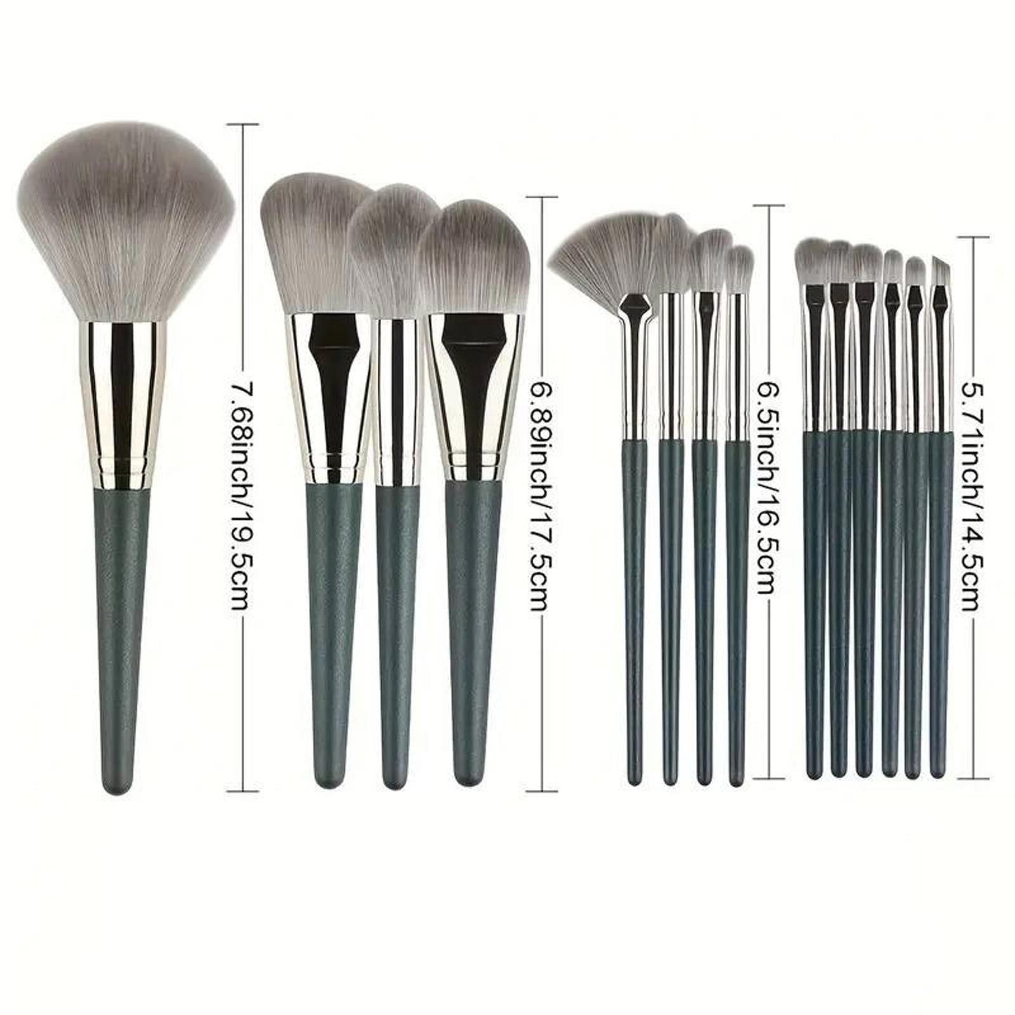 14-Piece Professional Makeup Brush Set with Green Handles and Ultra-Soft Silver