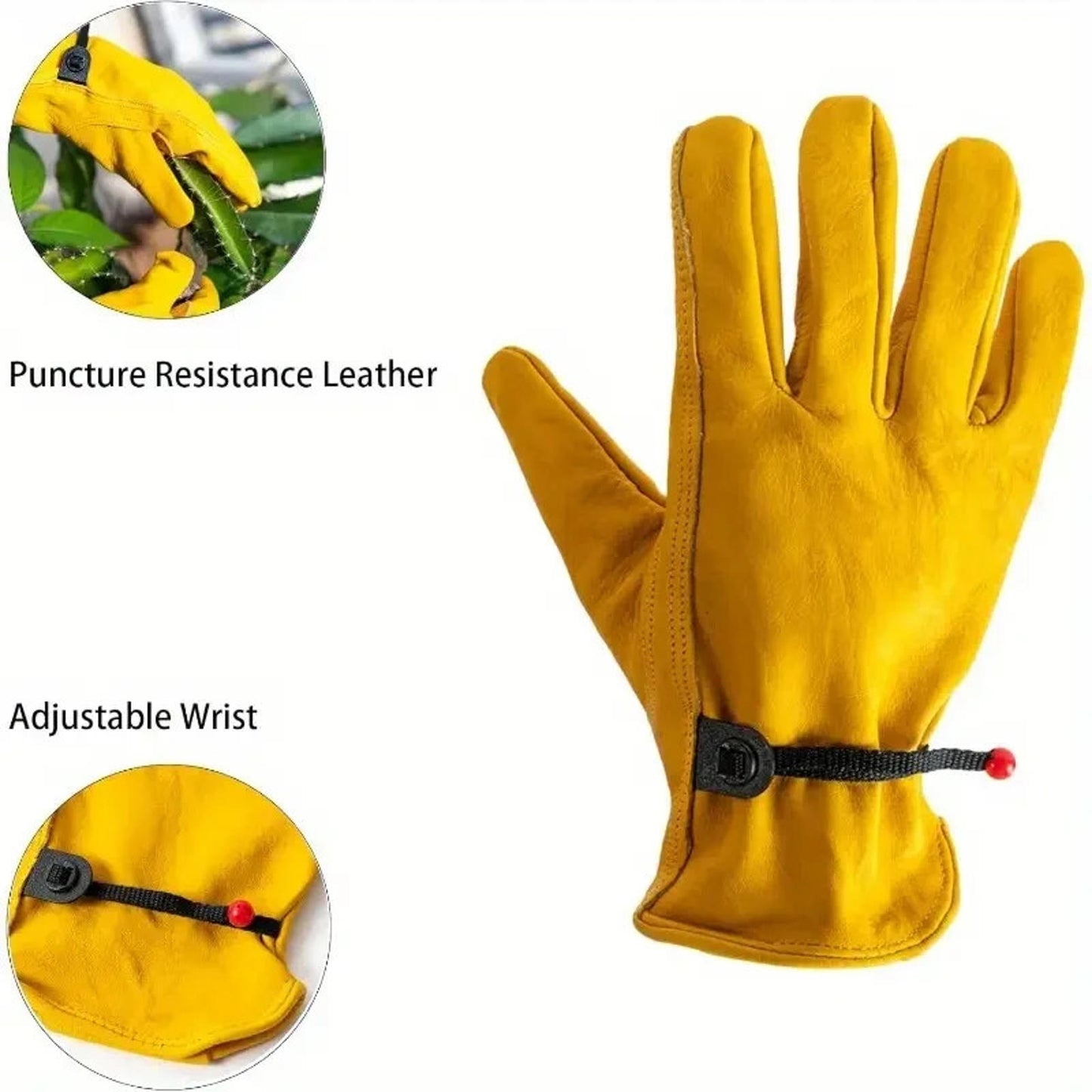 12 Pairs Yellow Goatskin Leather Work Gloves – Reinforced Palm, Adjustable Wrist