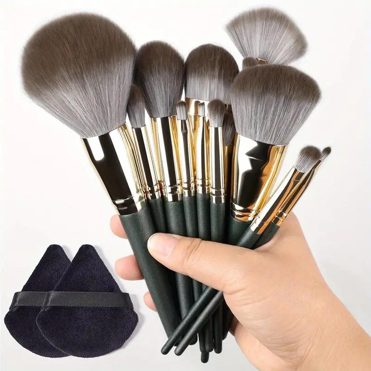 14-Piece Professional Makeup Brush Set with Green Handles and Ultra-Soft Silver