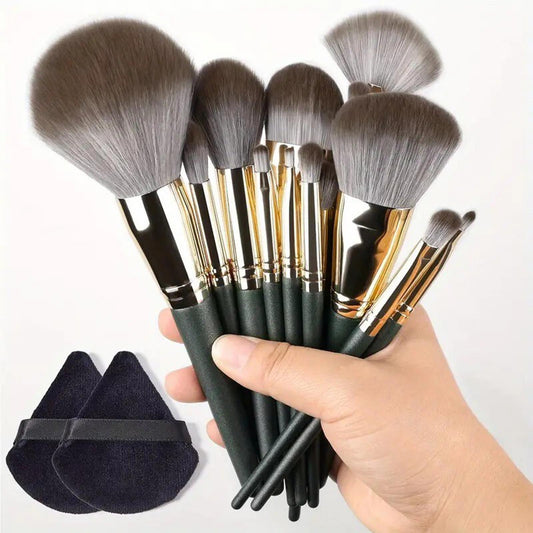 14-Piece Professional Makeup Brush Set with Green Handles and Ultra-Soft Silver