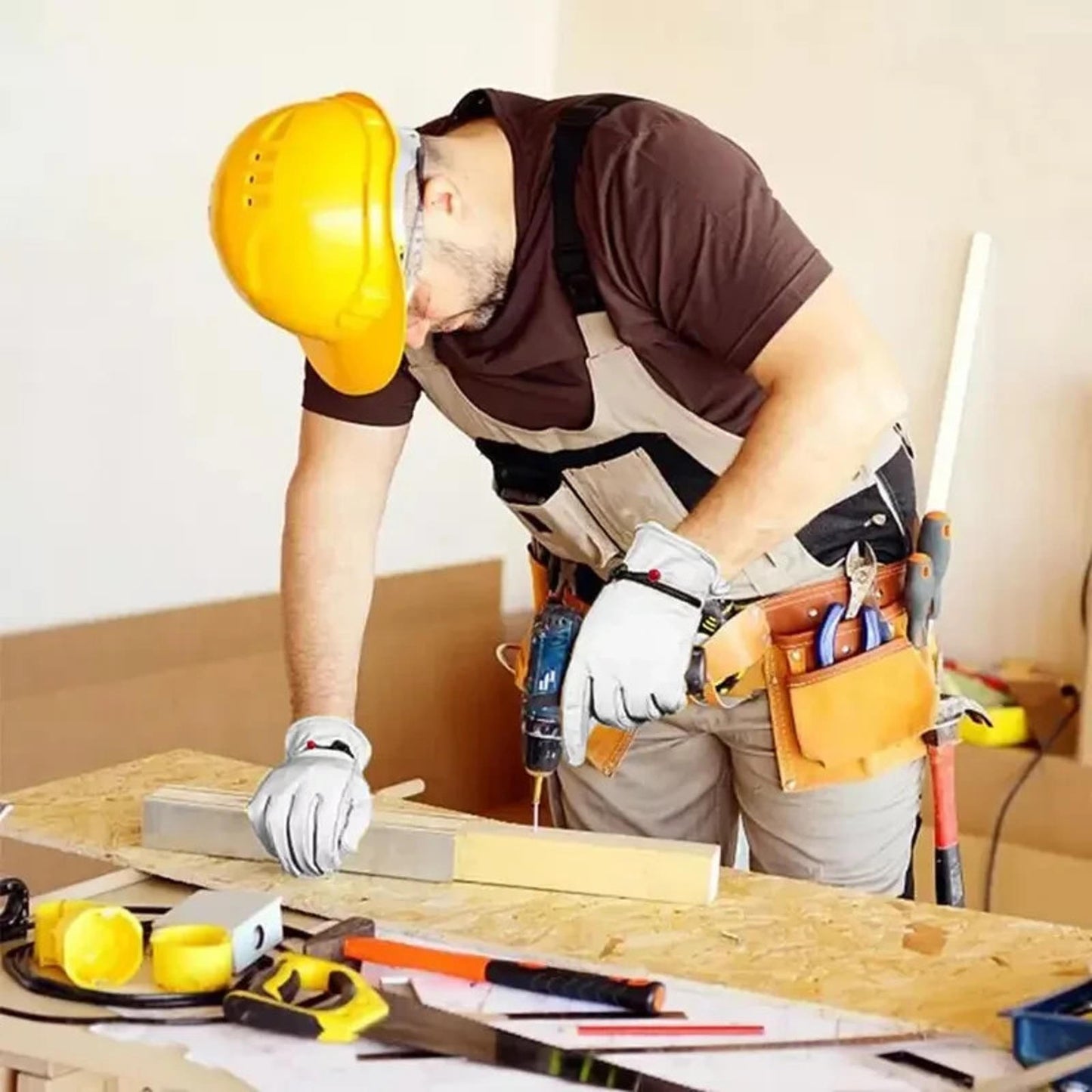 12 Pairs Goatskin Leather Work Gloves for Men – Reinforced Palm, Soft Grip