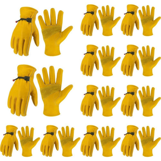 12 Pairs Yellow Goatskin Leather Work Gloves – Reinforced Palm, Adjustable Wrist
