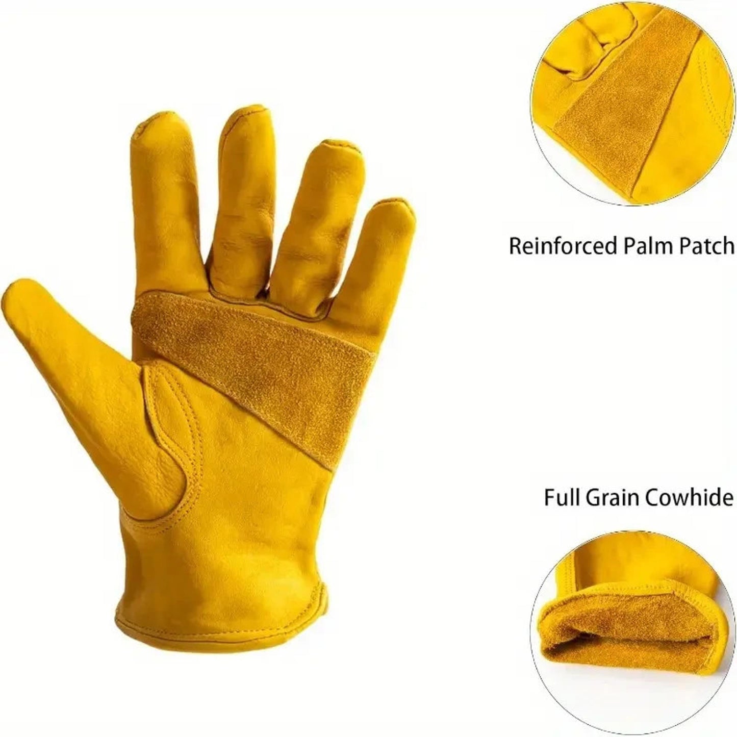 12 Pairs Yellow Goatskin Leather Work Gloves – Reinforced Palm, Adjustable Wrist